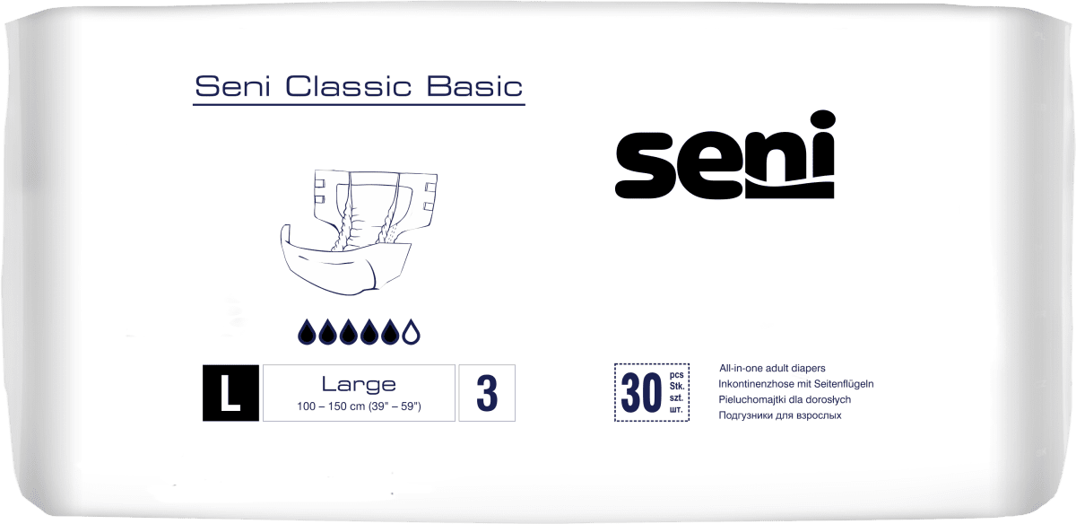 Seni CLASSIC BASIC L Inkontinenzhosen, Hüfte 100-150 cm (1 Karton: 4 x 30 Stück)