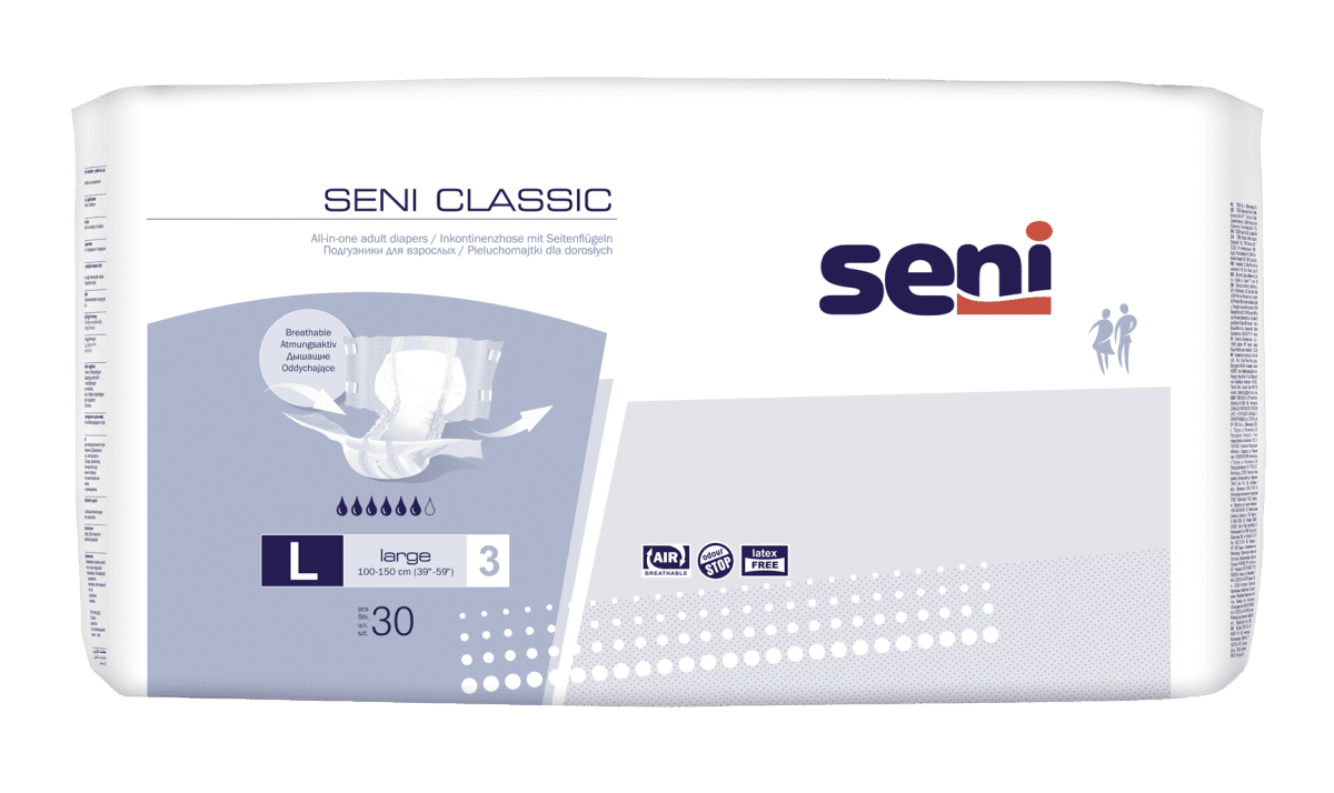 Seni CLASSIC Inkontinenzhosen L, Hüfte 100-150 cm (1Karton: 4 x 30 Stück)