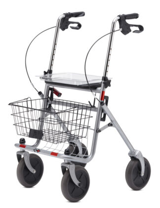 Rollator SENIO mit Tablett, Korb, Sitz und Stockhalter, PU, silber