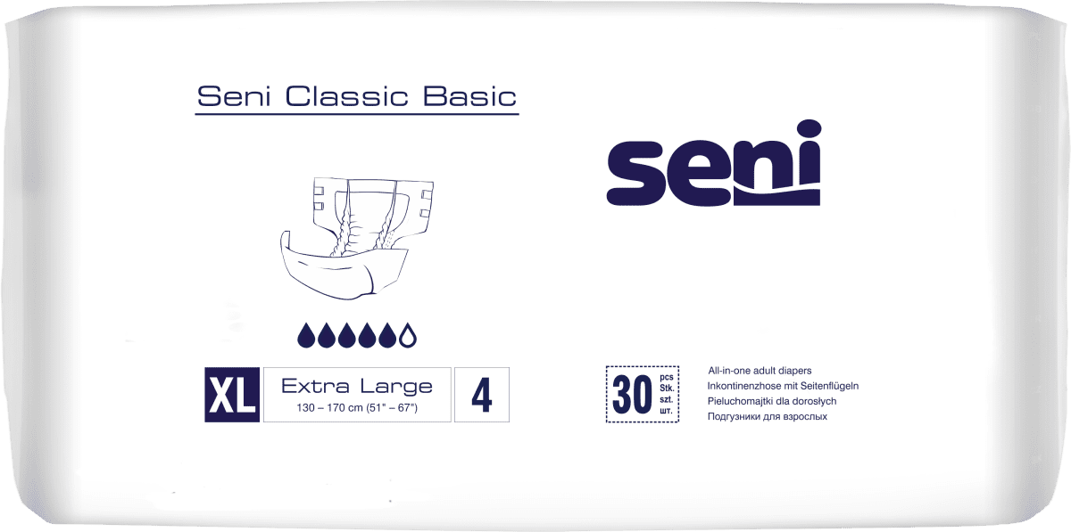 Seni CLASSIC BASIC XL Inkontinenzhosen, Hüfte 130-170 cm (1 Karton: 4 x 30 Stück)