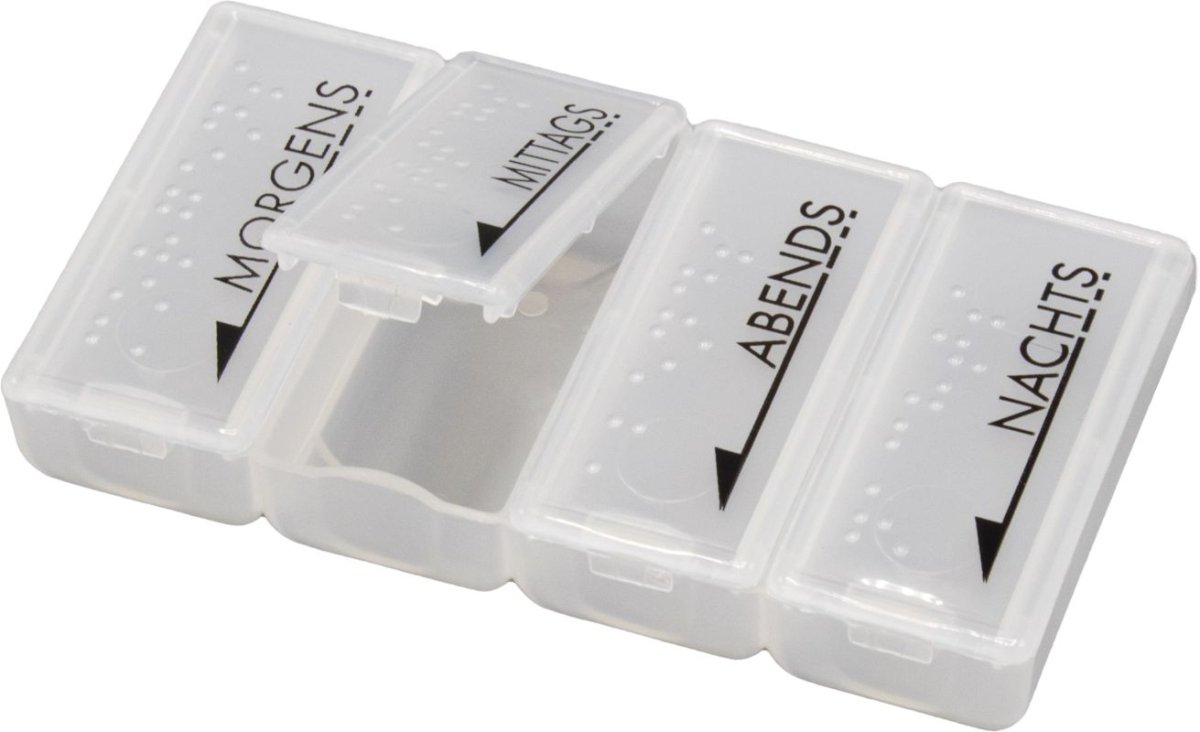 Pill organizer for morning/noon/evening/night, white/transparent flip lids