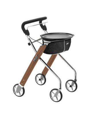 Rollator Let´s Dream, Wohnraumrollator, Holzoptik/chrom, inkl. Tablett und Stoffkorb