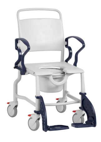 Dusch-Toilettenstuhl Laupheim mit 5 Rädern grau/blau mit Topf max. 130kg