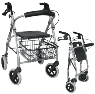Leichtgewichtrollator Gigo 2G anatomische Griffe, Tablett, Korb, silber