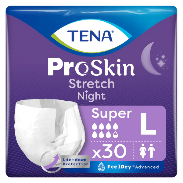 Inkontinenzhosen TENA Proskin Stretch Night Super L, Hüftumfang 103-140 cm (1 Karton: 2 x 30 Stück)