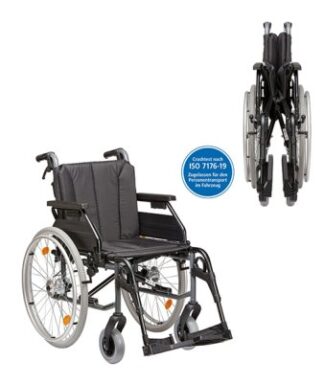 Standardrollstuhl Tomtar MR-S mit Trommelbremse, Kombiarmlehne, PU mangan grey metallic SB 39 cm